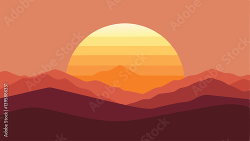 Ethereal Glowing Sun Peeking Behind Misty Hills at Dawn Vector illustration Background
