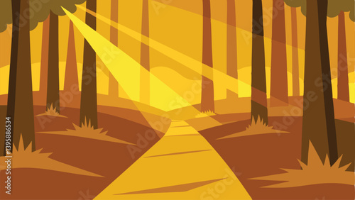 Serene Golden Hour Forest Trail with Soft Warm Light Rays Vector illustration Background