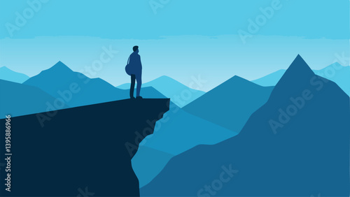 Hiker Standing Near the Edge of a Cliff Overlooking a Valley Vector Illustration Background