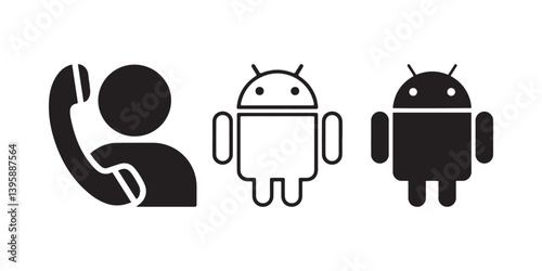 Set of Call Contract, Android Line Art, and Android Silhouette Icons on White Background, Simple, Modern Icon