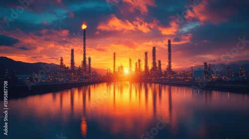 Oil refinery at sunset with vibrant sky reflecting on water in a tranquil industrial landscape