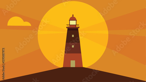 lighthouse casting light under golden sky vector