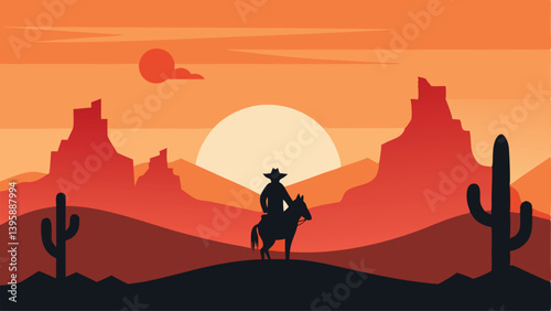 Lone Cowboy Riding Across the Desert at Sunset Vector Illustration Background