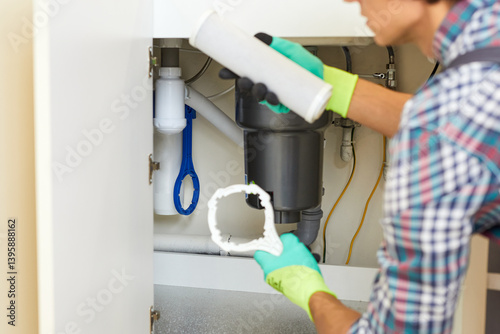 Bild auf Leinwand Plumber wearing protective gloves, replacing water filter cartridge under kitche