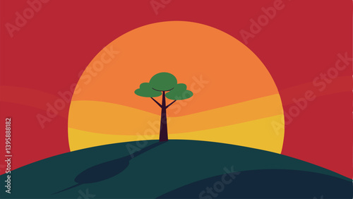 lone tree on hill with glowing sunset backdrop vector