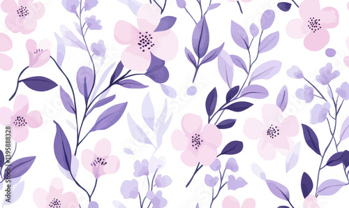 Wallpaper Mural Vintage Watercolor Style Lilac Pink Floral Pattern with Pastel Blossoms and Leaves Torontodigital.ca