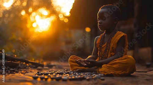 Child sitting cross legged in a courtyard under the moonlight repeating words from a language lesson while playing with small stones and beads