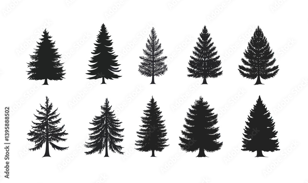 Obraz premium Minimalist Coniferous Fir Tree Silhouettes Vector for Elegant Nature Projects