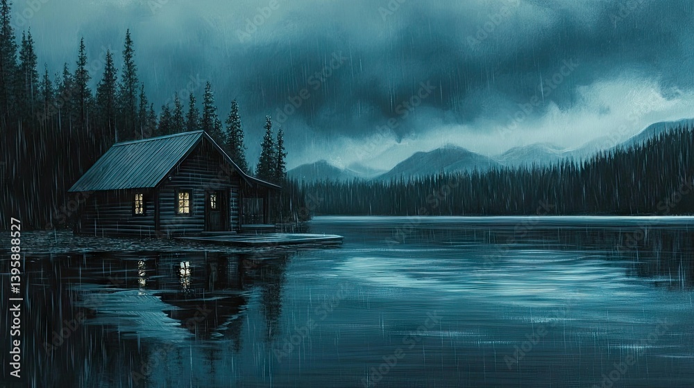 Fototapeta premium Rustic cabin by a lake in a stormy night