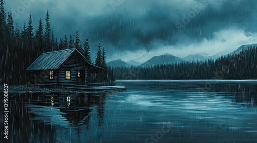 Rustic cabin by a lake in a stormy night