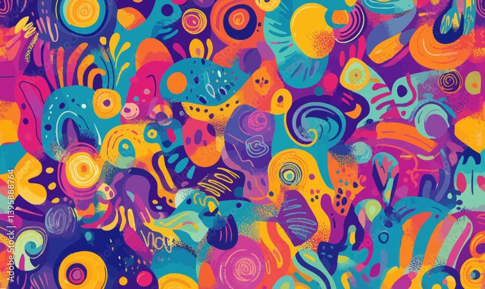 Fototapeta premium Abstract Colorful Doodle Art Design Seamless Vivid Dreamscape Pattern Vector