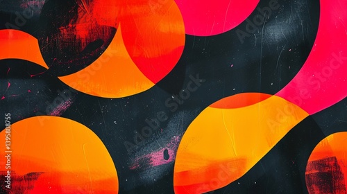 Abstract black background with bold red and orange circular shapes and artistic texture
