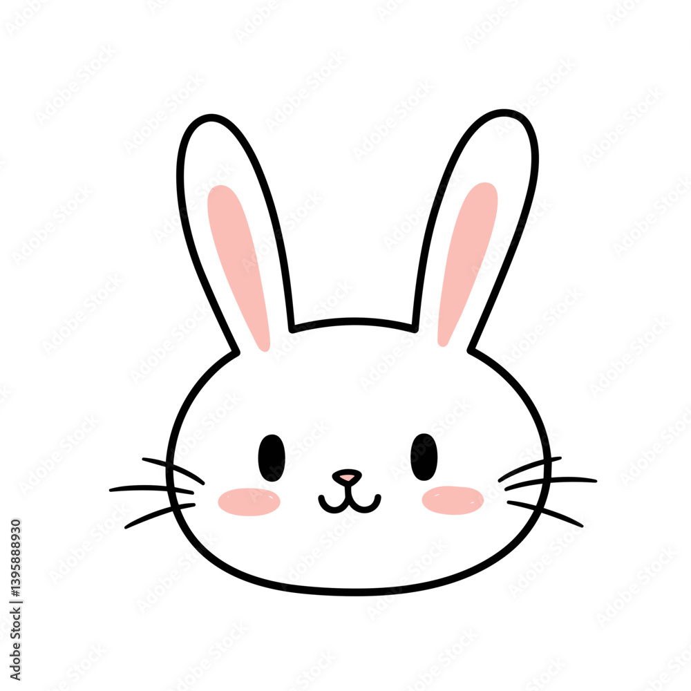 Cute cartoon bunny face with rosy cheeks against a white background Cute cartoon bunny face with rosy cheeks against a white background