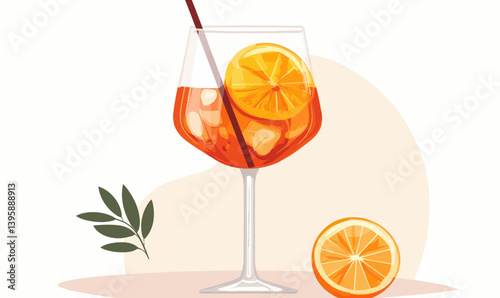 Flat Minimalist Aperol Spritz Vector Illustration with Orange Slice for Summer Cocktails