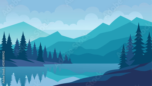 Ethereal Misty Pine Forest Surrounding a Calm Lake Vector Illustration Background