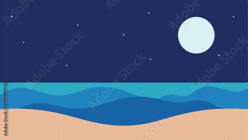 Peaceful Moonrise Above a Silent Beach with Calm Gentle Waves Vector Illustration Background