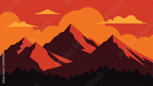 Dramatic Mountains Silhouetted Against Fiery Sunset Clouds Vector Illustration Background