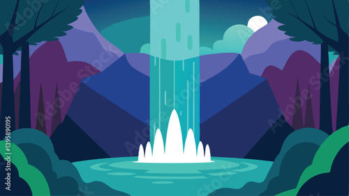Dreamy Mystic Waterfall Plunging in a Shimmering Forest Vector Illustration Background