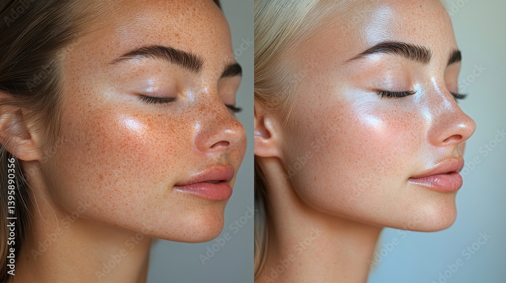 Comparison of two women showcasing natural beauty and skincare glow under soft lighting Comparison of two women showcasing natural beauty and skincare glow under soft lighting
