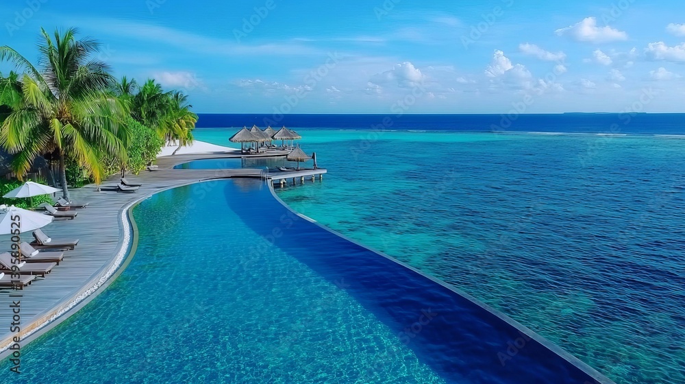Fototapeta premium Aerial view of a tranquil Maldives island with a luxury resort and swimming pool.