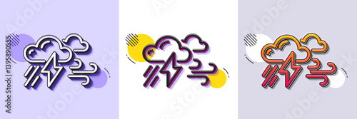Clouds with raindrops, lightning, wind line icon. Halftone dotted pattern. Gradient icon with grain shadow. Bad weather sign. Line bad weather icon. Various designs. Vector