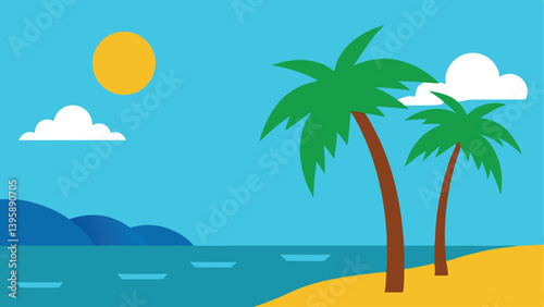 tropical beach with palm trees and sun