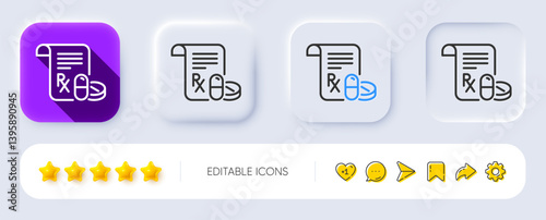 Medical prescription line icon. Neumorphic, Flat shadow, 3d buttons. Medicine pills sign. Pharmacy medication symbol. Line medical prescription icon. Social media icons. Vector
