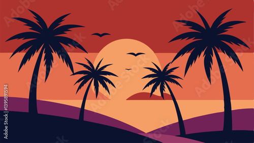 Graceful Palm Trees Swaying in a Gentle Tropical Breeze at Sunset Vector Illustration Background