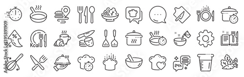 Cooking line icons. Settings gear, Message, Inflation icons. Boiling time, Frying pan and Kitchen utensils. Fork, spoon and knife line icons. Recipe book, chef hat and cutting board. Vector