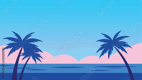 Beautiful Pastel Sky Above a Tranquil Blue Ocean with Palm Silhouette Vector Illustration Background