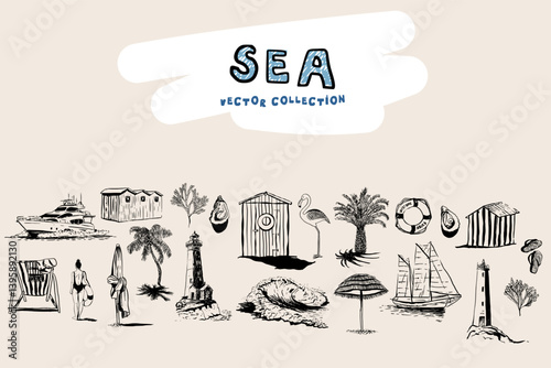 A coastal vector collection featuring stylish maritime elements like a lighthouse, sailboat, beach hut, lifeguard tower, and seaside village details, perfect for ocean lovers.