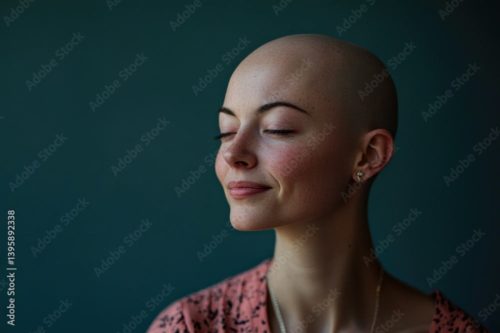 Woman with Alopecia Smiling Gently in Serene Portrait with Closed Eyes Woman with Alopecia Smiling Gently in Serene Portrait with Closed Eyes