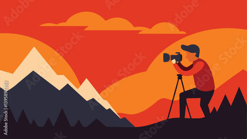 Individual Taking Pictures of Mountain Landscape During Sunrise Vector Illustration Background