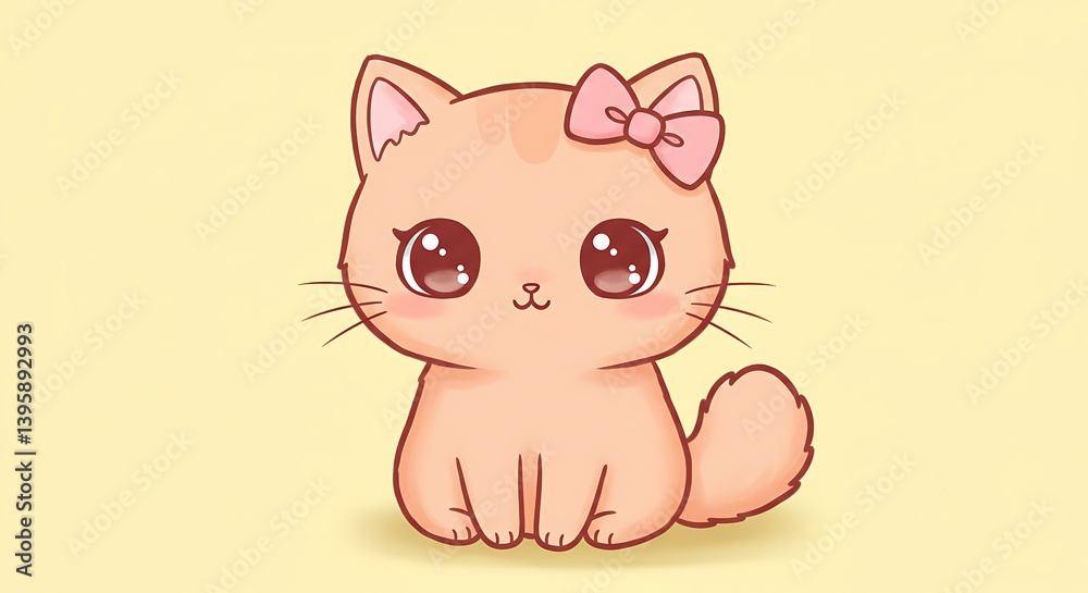 Fototapeta premium Cute Cartoon Cat with Pink Bow Sitting on Yellow Background Illustration