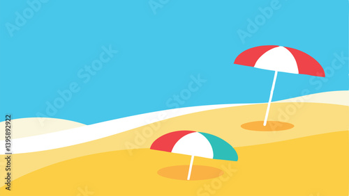 Calm Sandy Beach Scene with Bright Umbrellas and Gentle Ocean Waves Vector Illustration Background