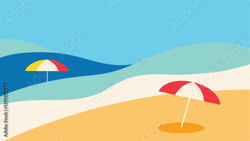 Relaxing Sandy Beach with Vivid Umbrellas and Soft Waves Vector Illustration Background