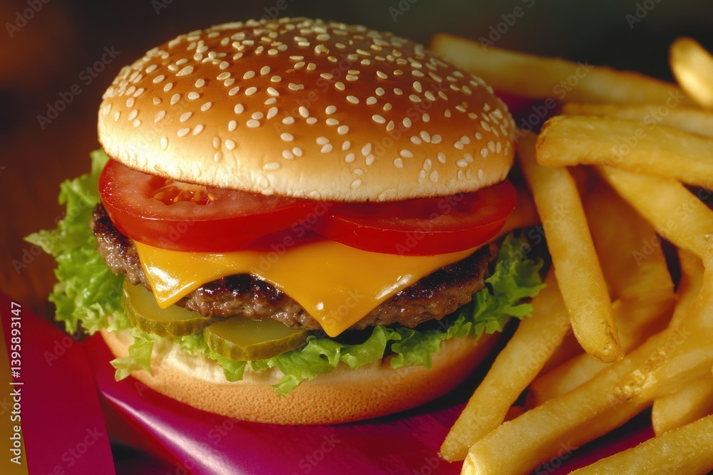 Close up view of a burger with fries featuring tomato cheese lettuce and pickles on a red surface Close up view of a burger with fries featuring tomato cheese lettuce and pickles on a red surface