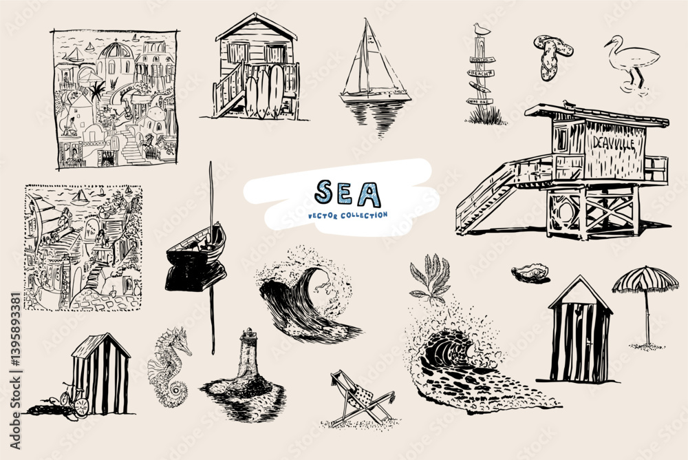 Obraz premium A coastal vector collection featuring stylish maritime elements like a lighthouse, sailboat, beach hut, lifeguard tower, and seaside village details, perfect for ocean lovers.