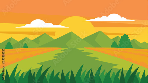 Picturesque Rice Paddy Fields at Golden Hour in Rural Setting Vector Illustration Background