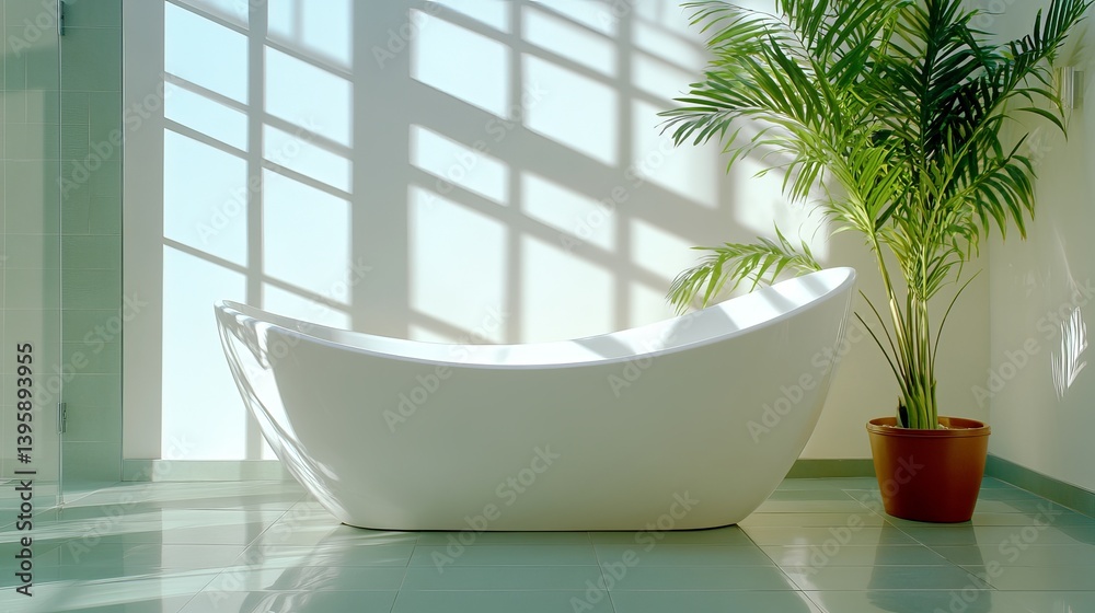 Fototapeta premium A serene modern bathroom featuring a stylish white bathtub and a vibrant green plant, bathed in soft natural light.