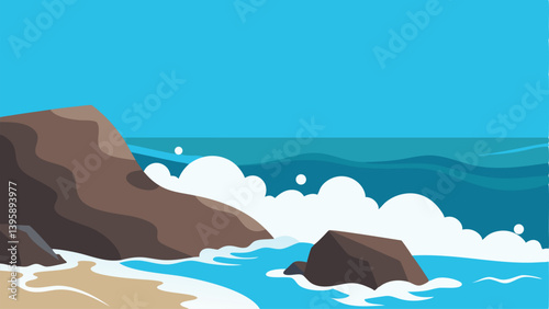 Beautiful Seascape with Waves Hitting Rocky Shore Vector Illustration Background