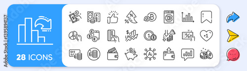 Saving money, Bitcoin and Wallet line icons. Interest rate, AI generate, Inflation icons. Pack of Discount coupon, Credit card, Pie chart icon. Vector