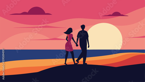 Romantic Couple Walking on Beach at Sunset Vector Background