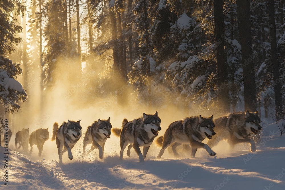 Naklejka premium Dire wolf a pack of wolves running through a snowy forest with sunlight streaming through the trees above them