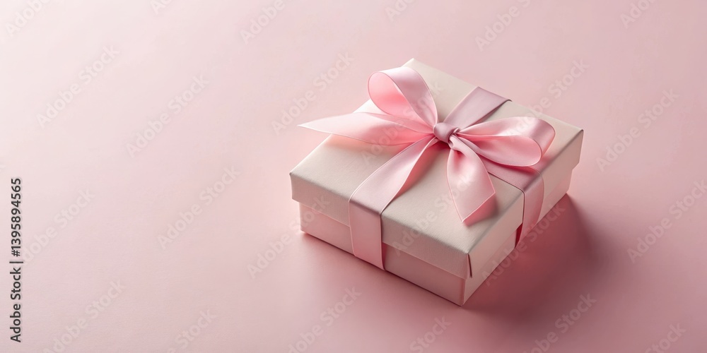 Fototapeta premium A delicately wrapped pink gift box with a satin ribbon bow sits on a soft pink background