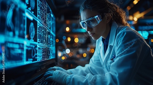 Scene in a linguistic research lab where scientists are comparing universal grammar between different languages with charts and diagrams displayed on screens The setting is futuristic and well lit