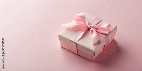 A delicately wrapped pink gift box with a satin ribbon bow sits on a soft pink background