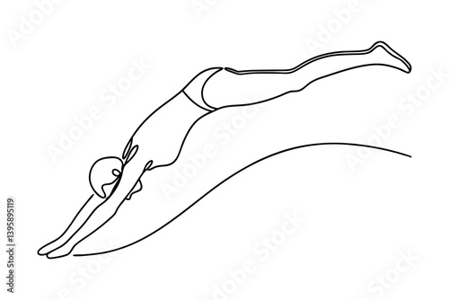 Single Line Drawing Of Female Swimmer Diving Into Water With Cap