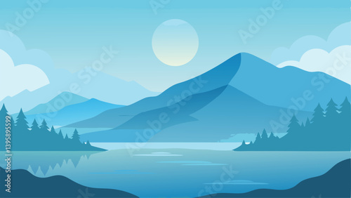 Beautiful Serene Lake with a Foggy Morning Scene Vector Illustration Background