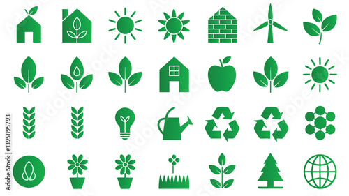 A set of 20 vibrant green icons representing eco-friendly concepts